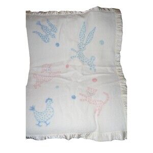 Vtg Baby Chatham Animals Rabbit Cat Bird Lamb Wool Baby Blanket Satin Edge